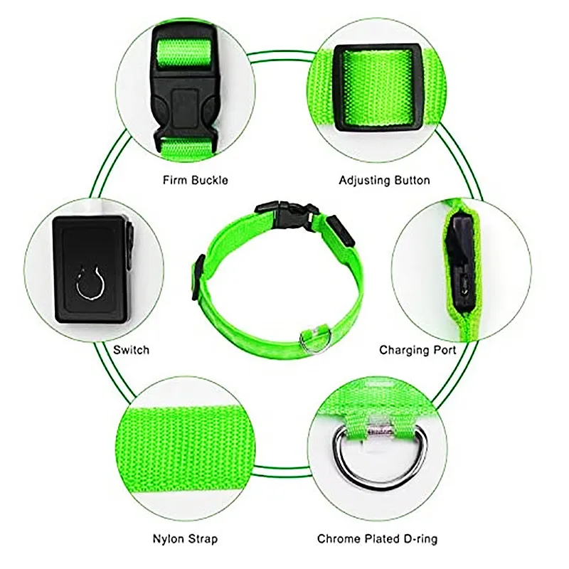 Collar luminoso LED, Collar brillante ajustable para perro, recargable por USB, intermitente, antipérdida/a evita accidentes del coche, productos para perros y mascotas