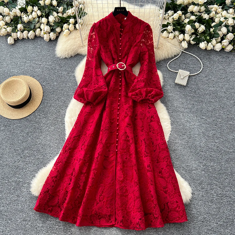 Vestido Largo de Encaje Elegante de Alta Gama para Mujer, Estilo Francés con Flores y Cierre de un Solo Botón, Ideal para Fiestas de Cumpleaños, Primavera/Otoño, S89