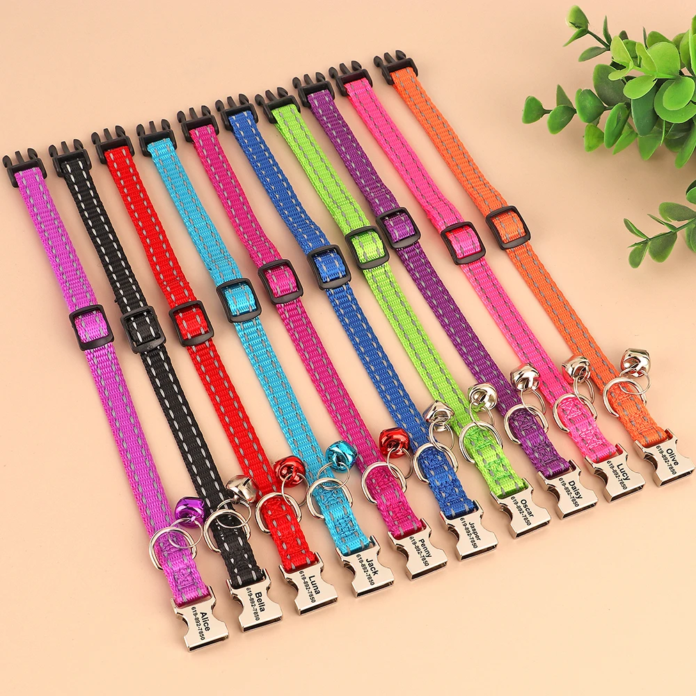 Collar de gato personalizado grabado, collares reflectantes para cachorros y gatitos con campana, accesorios personalizados para mascotas, 1cm de ancho