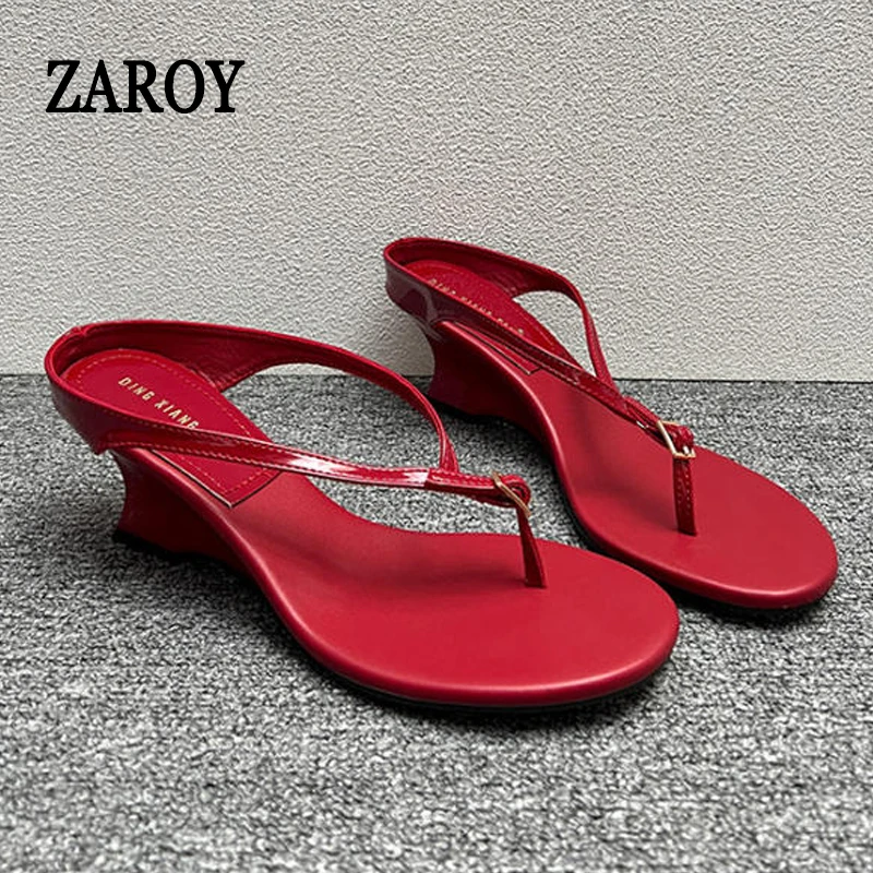 Sandalias de lujo de diseñador para mujer, tipo chanclas con cuña, tacón alto de 6 cm, punta abierta, con hebilla de moda, rojas, gruesas, шлепки женские
