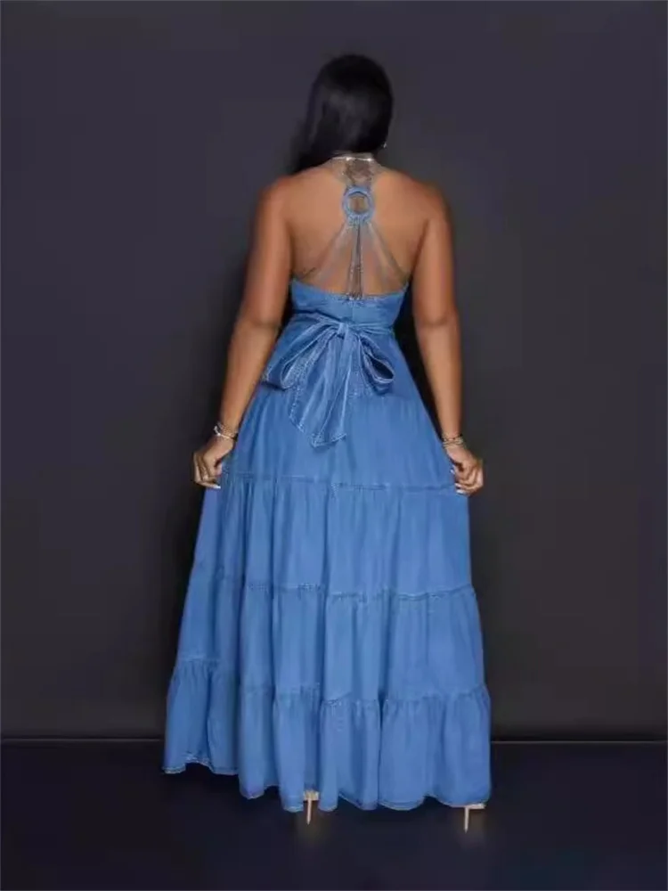 Wmstar vestidos vaqueros para mujer 2025 elegante nuevo dulce Sexy cuello en V profundo Halter vendaje cinturón vestido largo venta al por mayor Dropshipping