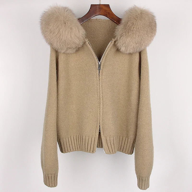 2024 moda Otoño Invierno Casual con capucha cuello de piel de zorro Real moda Chaqueta corta de punto con abrigo de piel Natural para mujer