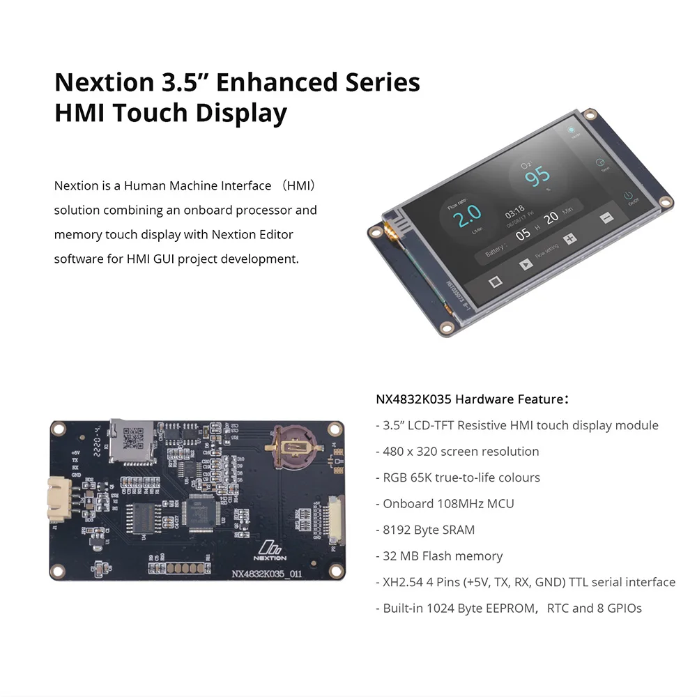 Nextion Enhanced NX4832K035 - Genérico 3,5 ''480*320 RTC incorporado / Capacidad de flash más grande / Reloj MCU más rápido Pantalla táctil HMI