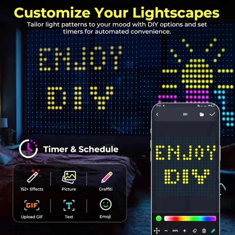 Luces de Decoración Navideña 2026, Cortina de Luces LED para Exteriores, Lámpara de Hadas con Control por Aplicación, Patrón Personalizable, Impermeable, para Bodas, Fiestas, Hogar, Navidad