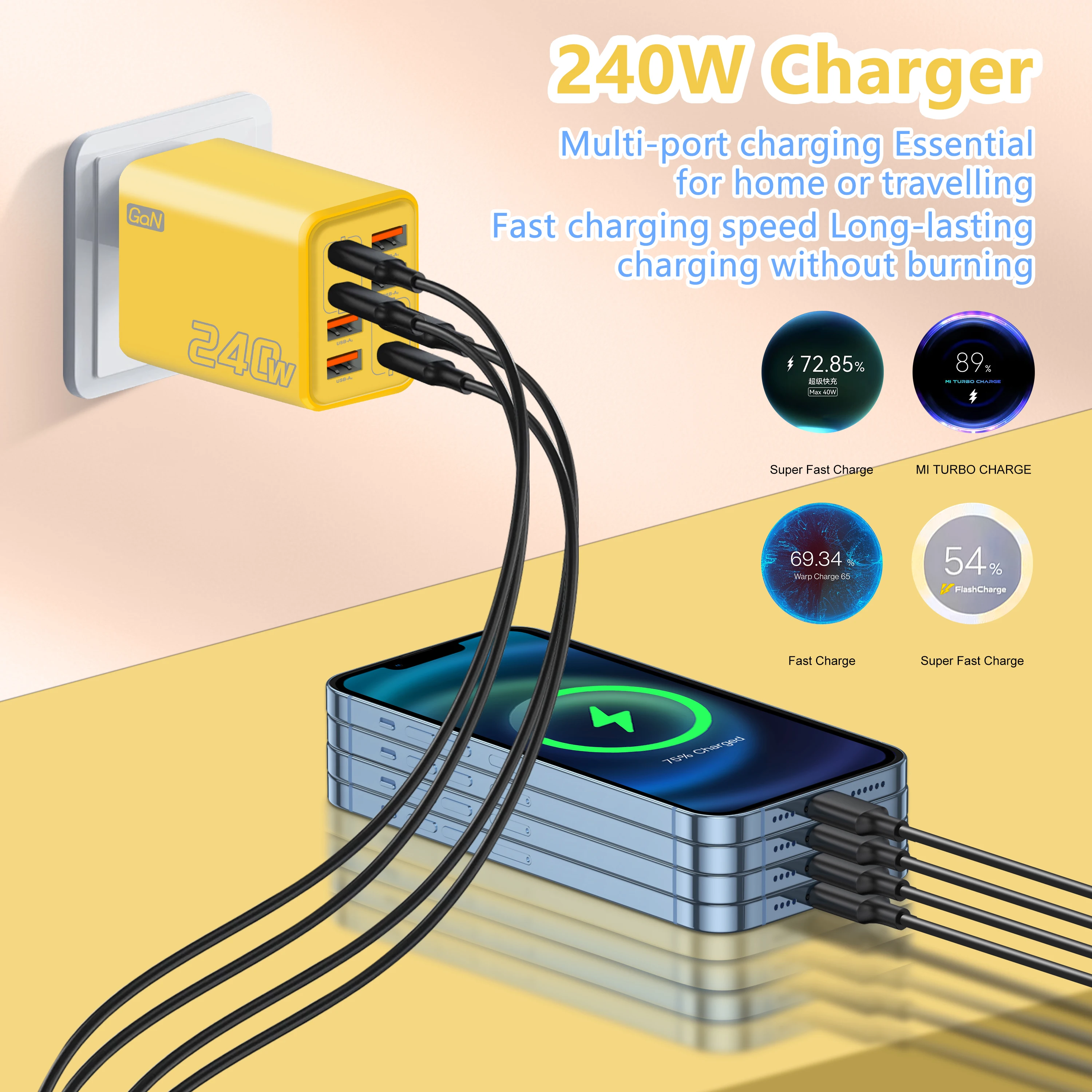 Cargador de escritorio USB C GaN 8 en 1, adaptador de carga rápida de 240W, Cable tipo C para iPhone, Samsung, Xiaomi, cargador con enchufe EU/US/UK