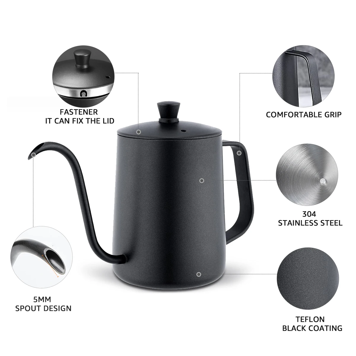 Tetera de café de acero inoxidable de 350/600 ml con boquilla de cuello de cisne para verter café, tetera de goteo de cuello de cisne con boca fina