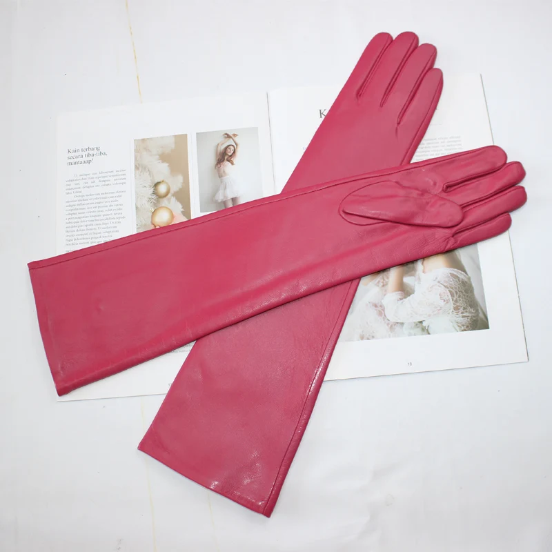 Nuevos guantes largos de piel de oveja para mujer, guantes de invierno de piel auténtica con forro de terciopelo cálido y versátil de Color sólido