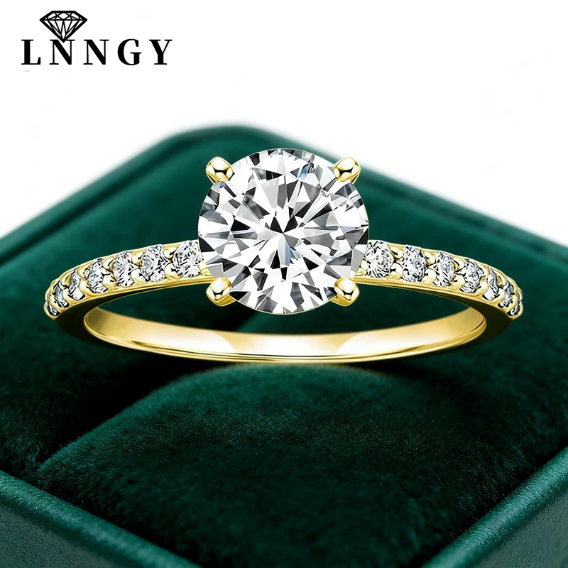 Anillo solitario de moissanita certificado Lnngy de 8mm y 2ct, anillos de compromiso rellenos de oro de 14K para mujer, regalo de joyería para fiesta de boda