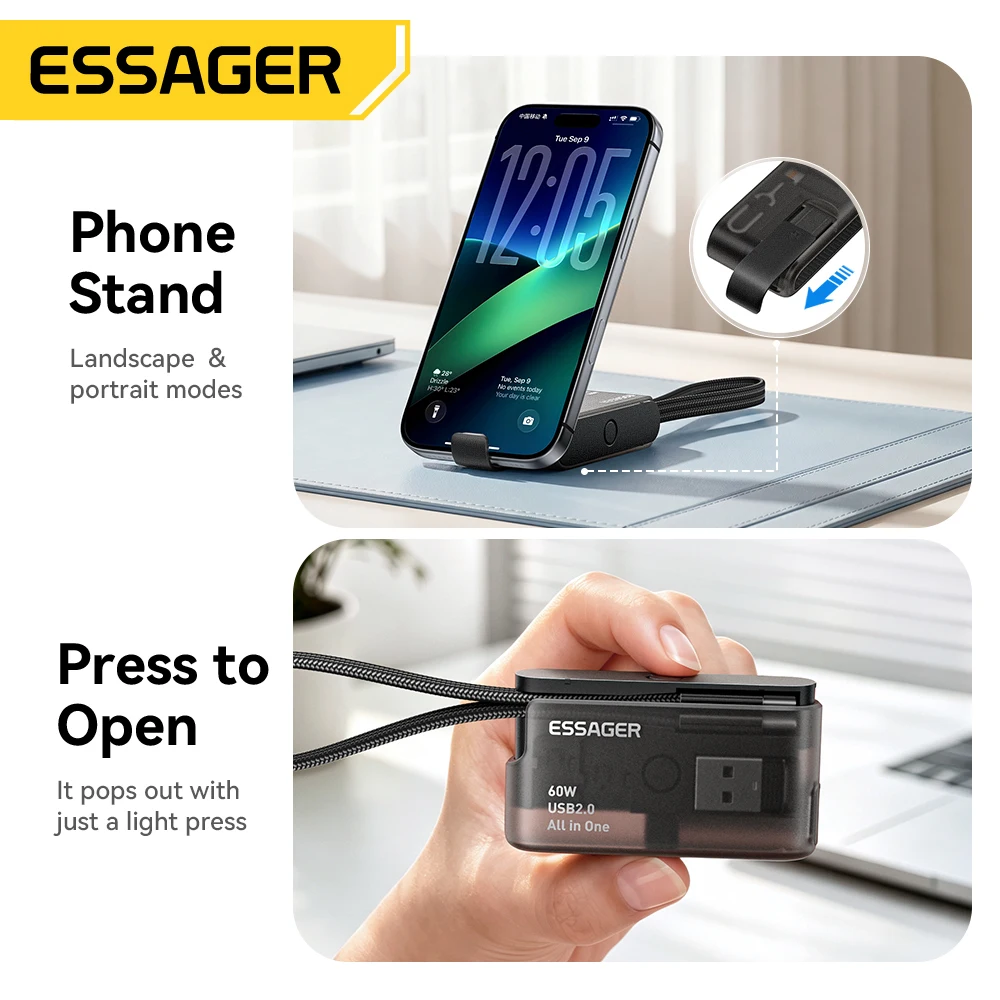 Cable de Datos USB Tipo C Multifuncional Essager PD 60W con Carga Rápida para iPhone 17 16 15, Caja de Almacenamiento con Soporte, Caja de Viaje