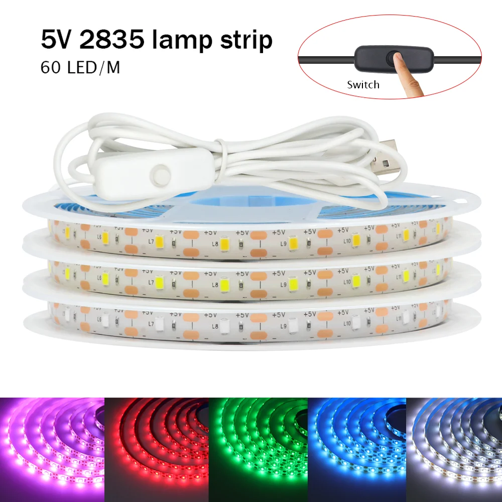Tira de luces LED 5V 2835 USB 60Leds/m cinta Led Fita Flexible con interruptor blanco cálido luces LED impermeables para decoración de habitación