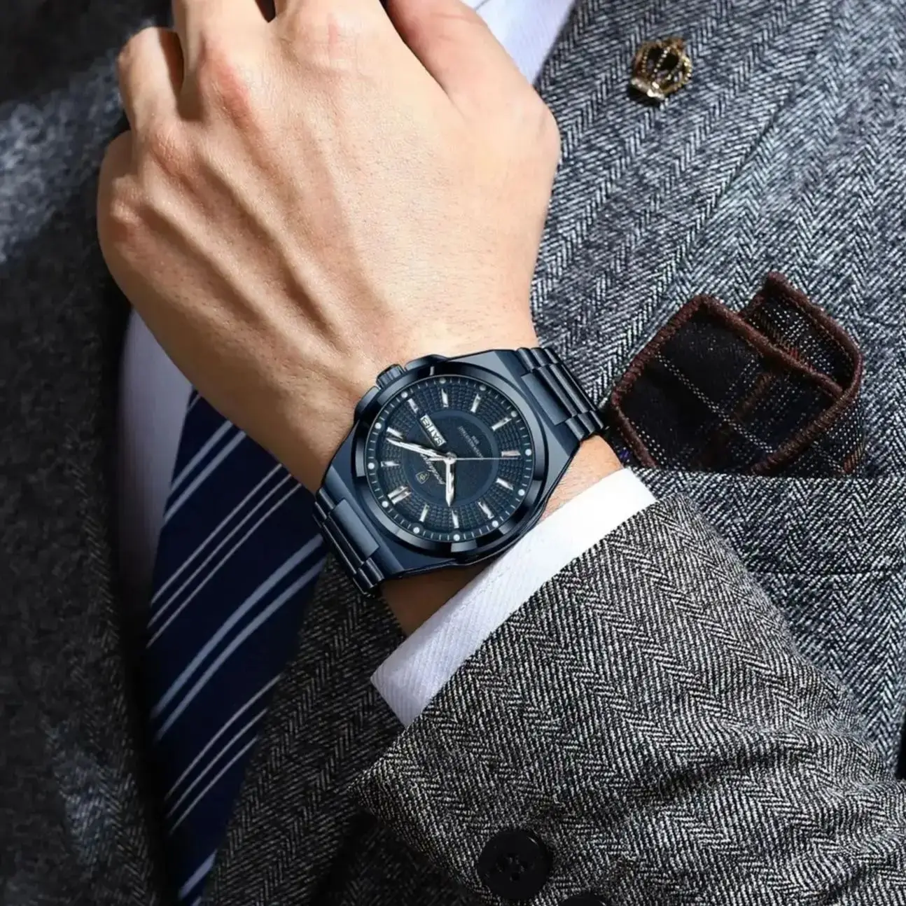 POEDAGAR, reloj de pulsera para hombre de negocios, acero inoxidable, resistente al agua, luminoso, informal, reloj para hombre, fecha, semana, relojes de cuarzo elegantes para hombre