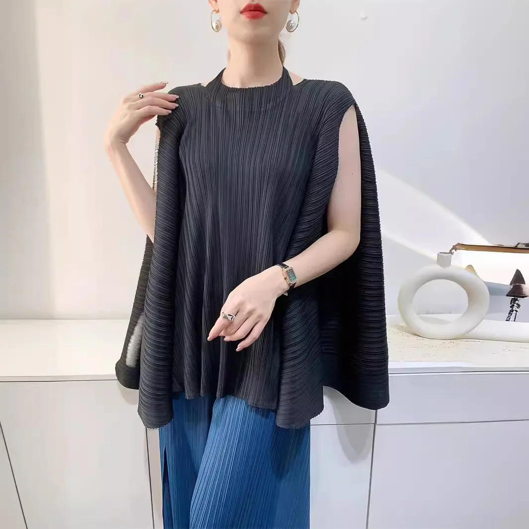 Miyake-Camiseta plisada de talla grande para mujer, Tops con diseño de nicho, camiseta holgada de manga corta plisada de gama alta para verano 2025
