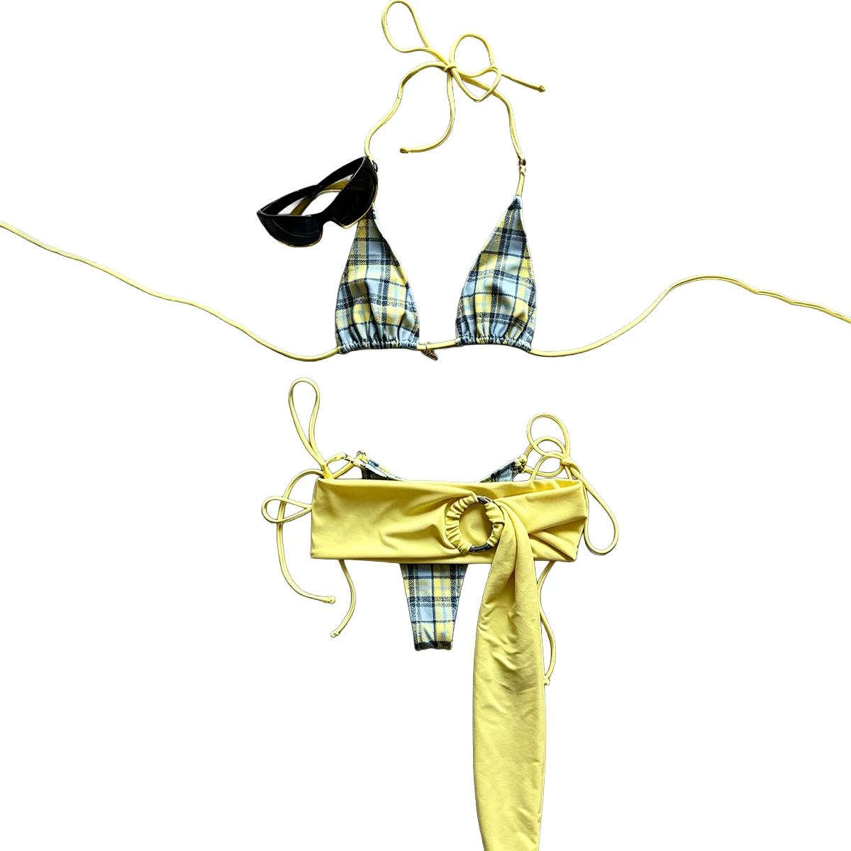 Conjunto de Bikini de 3 Piezas para Mujer, Traje de Baño Micro 2026, Sexy, Estampado a Cuadros, Ropa de Playa, Pareo, Traje de Baño, Biquini