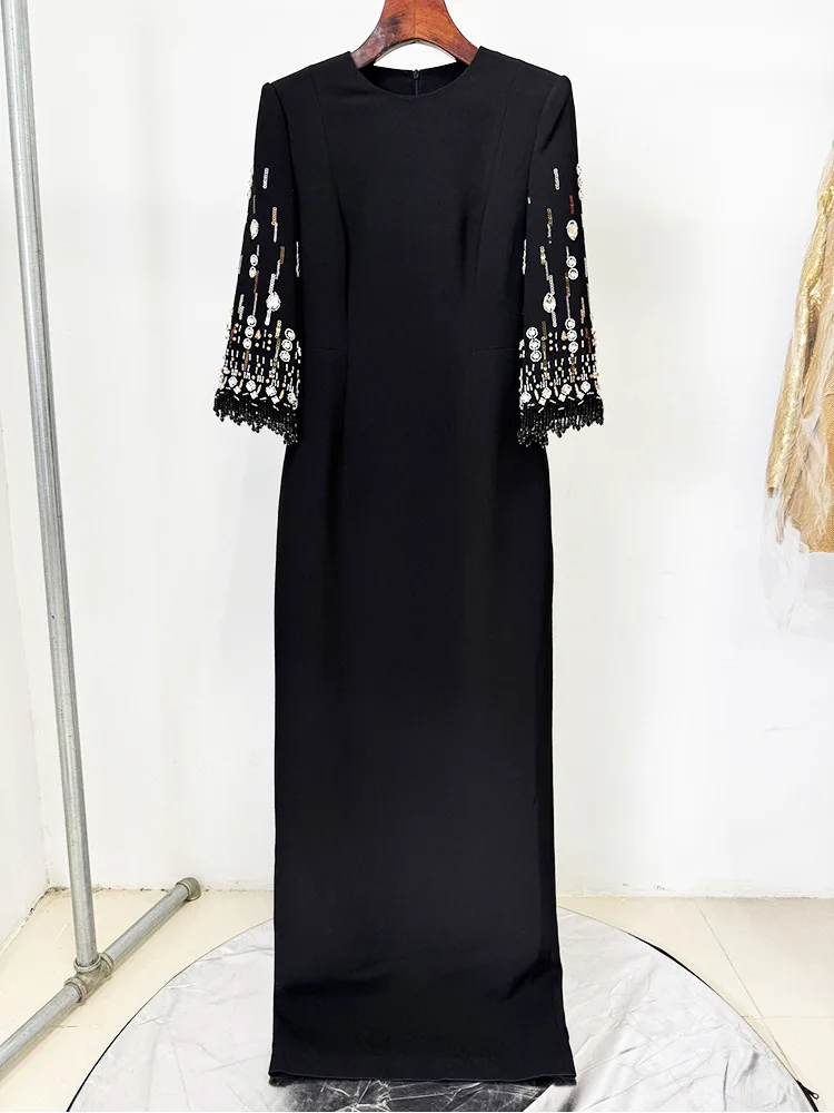Vestido Largo Maxi de Diseñador de Alta Costura, Nueva Moda 2026, Primavera/Verano, con Media Manga y Cuentas Impresionantes para Mujer