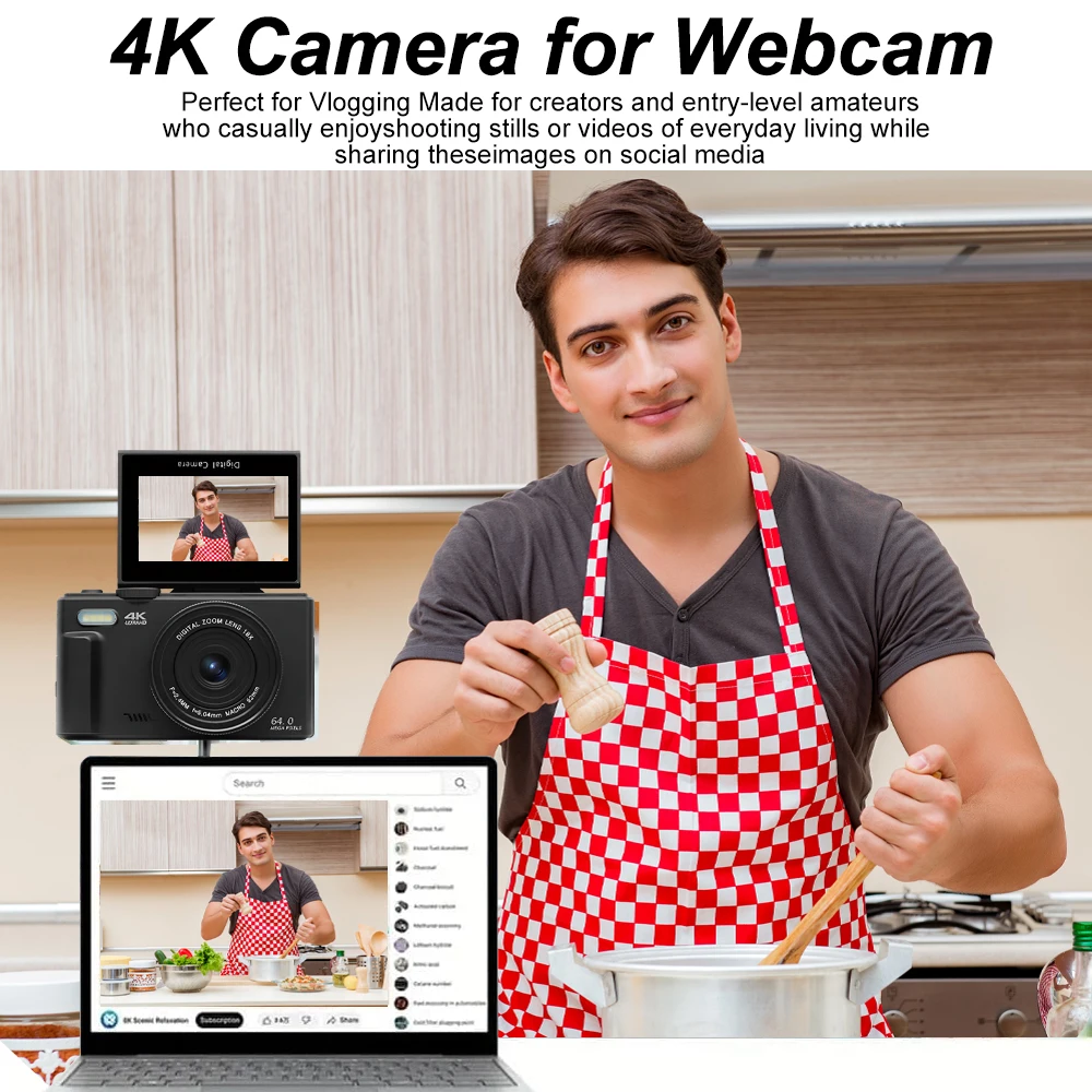 Cámara de fotografía digital compacta 4K 18X Zoom digital Grabadora de video Vlog vintage YouTube 180 °   Cámara web WiFi Selfile con pantalla abatible