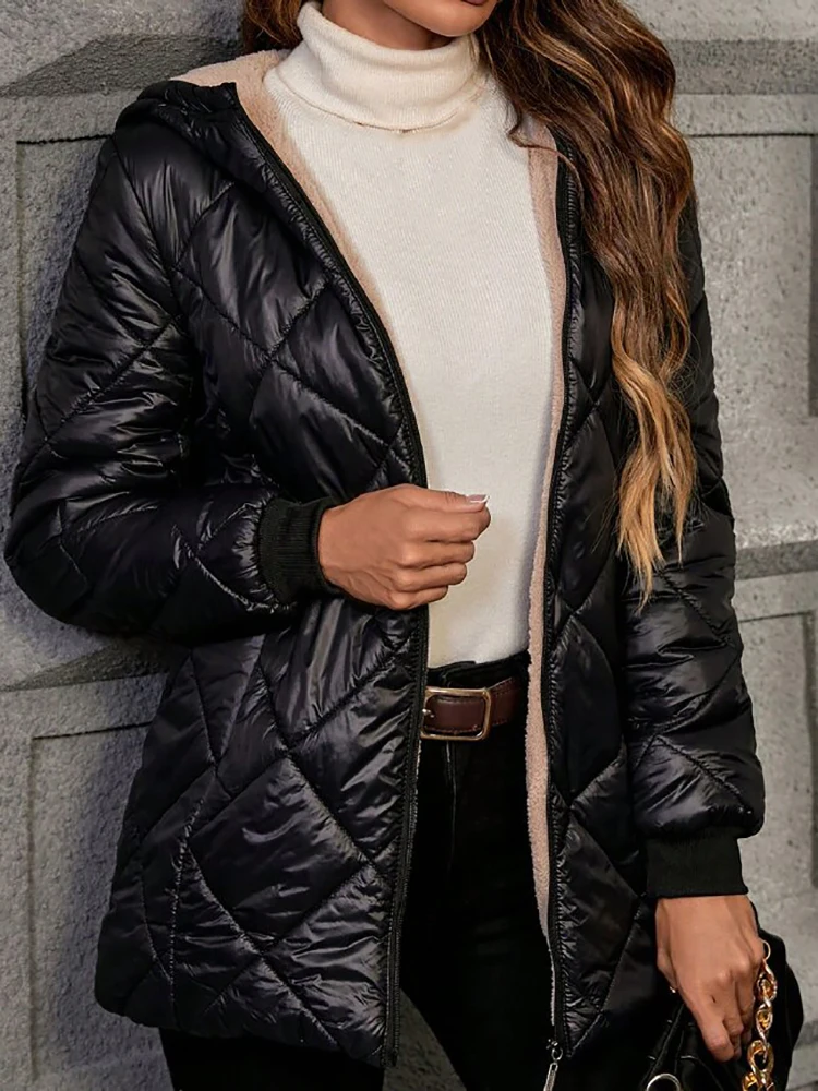 Abrigo acolchado con capucha y forro polar para mujer, chaqueta tipo puffer con diseño de rombos, forro cálido de sherpa, cierre de cremallera, longitud media, parka de invierno.