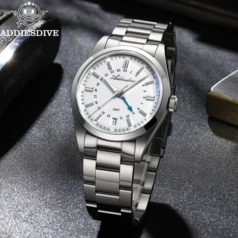 Reloj analógico ADDIESDIVE de 36mm para hombre GMT 515-24H reloj BGW9 luminoso 100m resistente al agua relojes de cuarzo de acero inoxidable para hombre AD2065