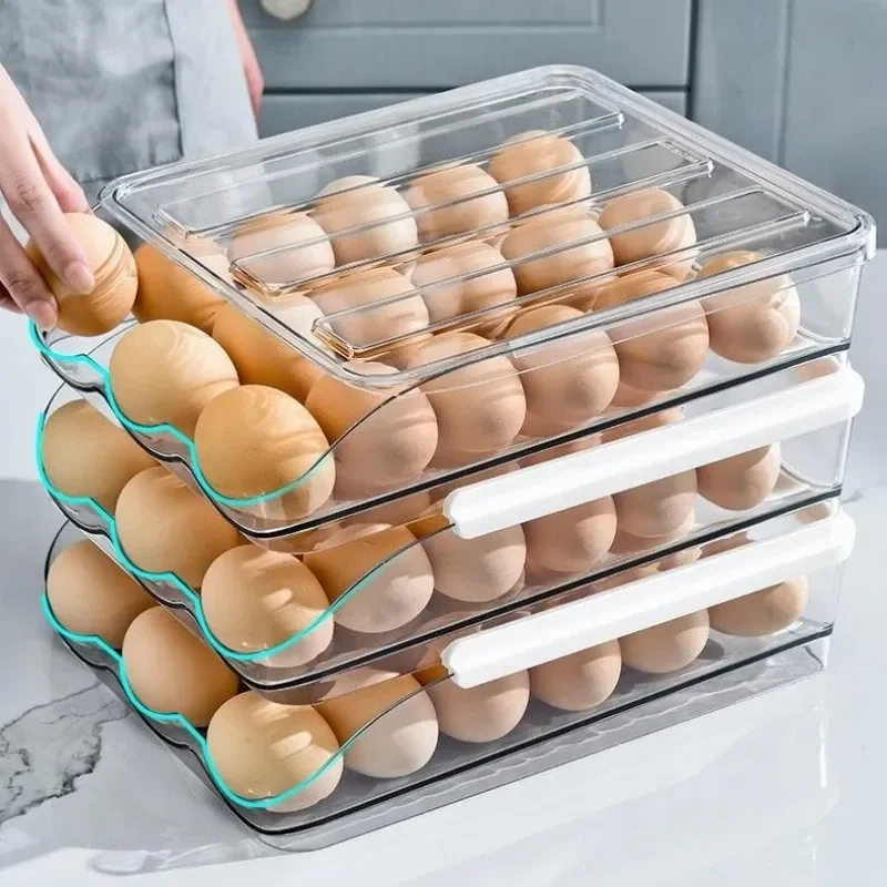Caja de almacenamiento de huevos deslizante automática, cajón transparente, estante para huevos rodante apilable, cesta de soporte para bandeja de huevos, organizador de nevera de cocina