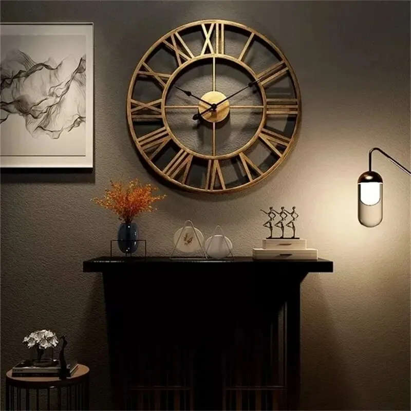 Relojes de pared grandes 3D modernos, números romanos, Retro, redondo, Metal, hierro, preciso, silencioso, adorno colgante nórdico, decoración para sala de estar