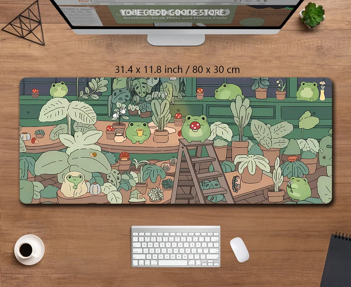 Alfombrilla de escritorio de ranas Kawaii, alfombrilla de ratón grande para juegos Xxl, alfombrilla de ratón bonita de Anime, estética Cozi Lofi, planta, naturaleza, verde, alfombrilla de escritorio extendida