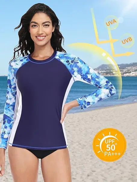Anfilia Rash Vest para mujer, camisetas de manga larga, protección solar UPF 50+, camisetas para nadar en la playa