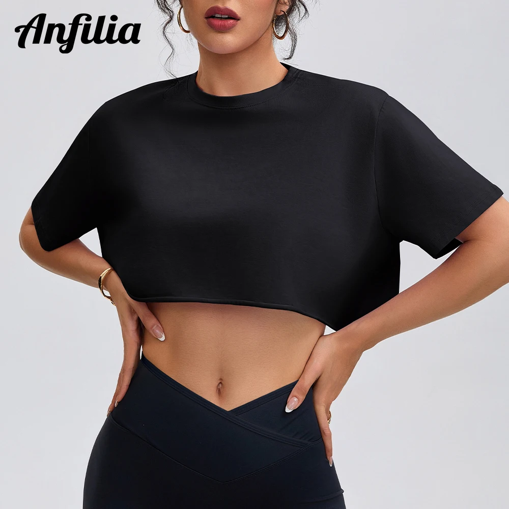 Anfilia, camisas de Yoga a la moda para mujer, holgadas, con cuello redondo, mangas cortas, 95% algodón, transpirables, para gimnasio, Fitness, Tops cortos para correr