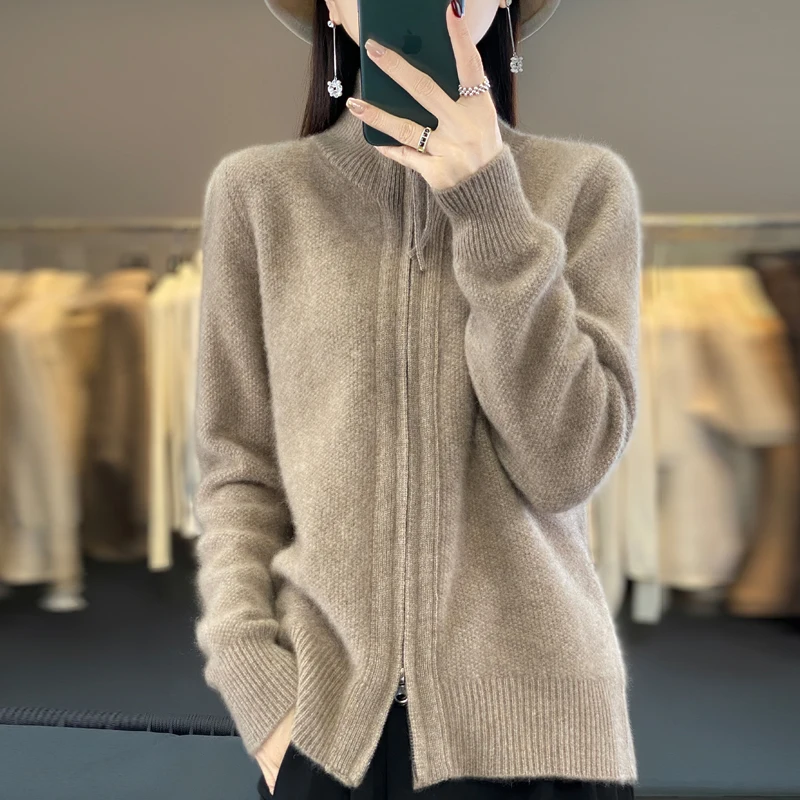 Suéter de punto de lana merina 100% para mujer, cárdigan con cuello vuelto, Tops gruesos, chaqueta suave de Cachemira con doble cremallera, Otoño e Invierno