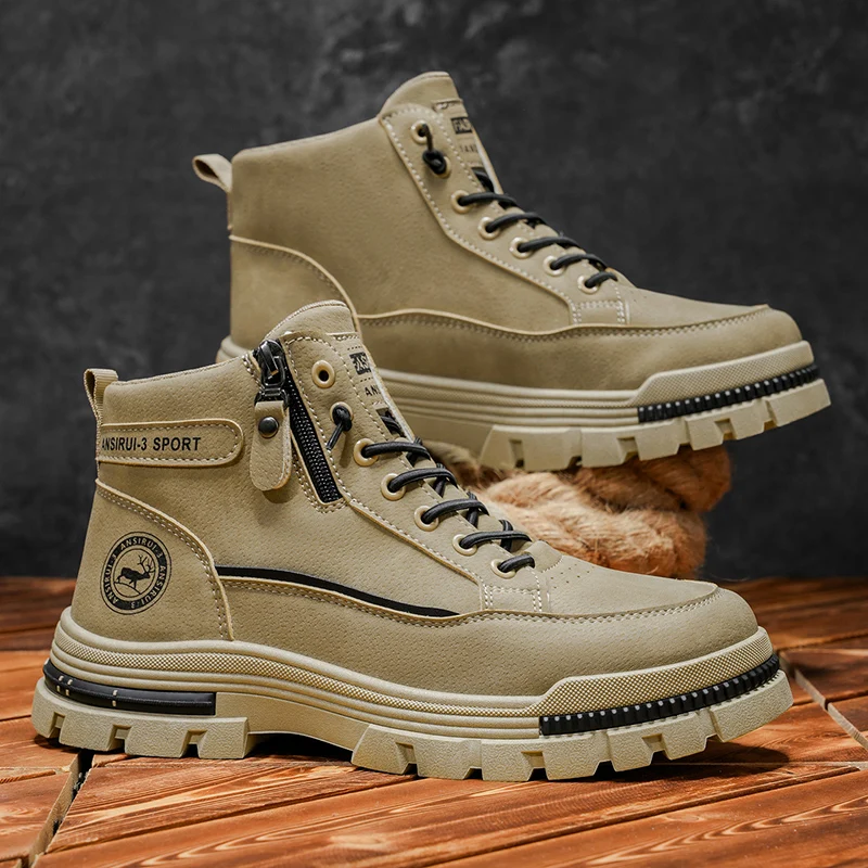 2025 A/W Nuevas botas de trabajo al aire libre de caña media alta para hombres - con cremallera, estilo de montañismo deportivo informal para senderismo