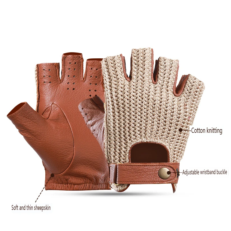 Guantes de cuero sin dedos para motocicleta Retro para hombre para conducir y montar, guantes de medio dedo transpirables de punto