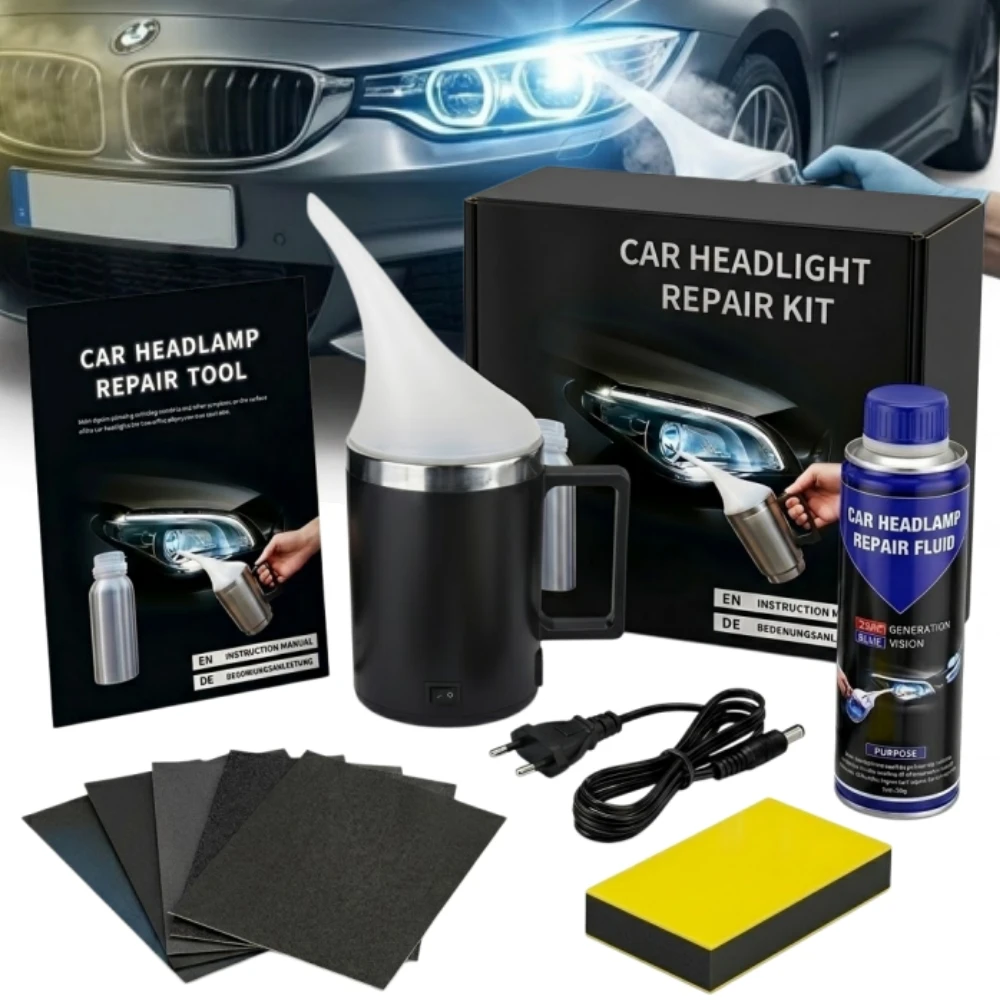 Kit de Restauración de Faros de Coche, Vaso Atomizador de 200ml, Líquido Pulidor, Herramienta DIY para Reparación de Lentes de Faros de Automóvil con Papel de Lija y Cinta Adhesiva