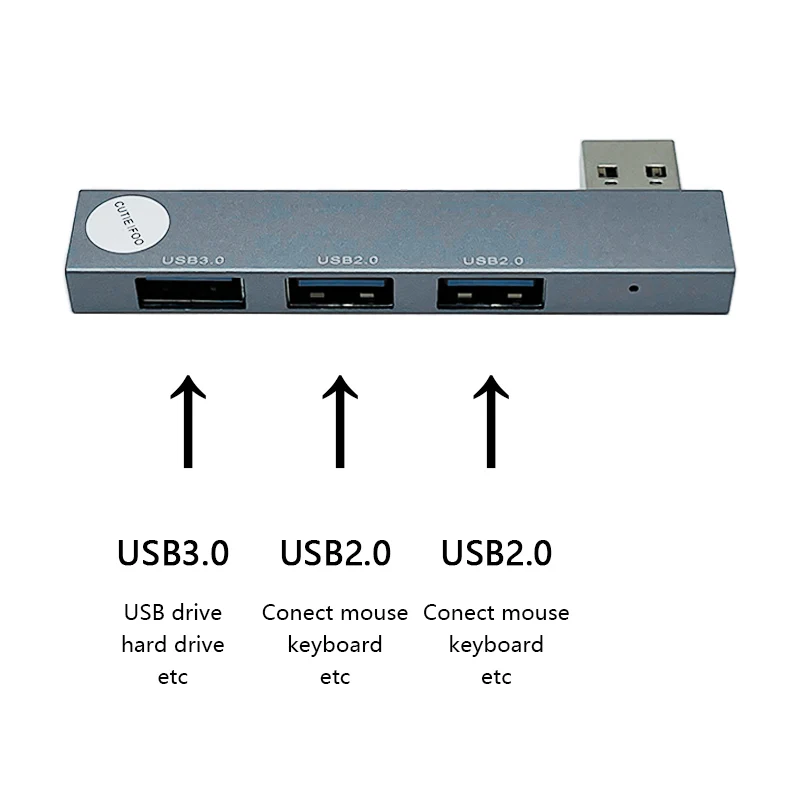 Hub USB Lateral Izquierdo/Derecho con 1 Puerto 3.0 y 2 Puertos 2.0, Expansor para Laptop, Impresora, Memoria USB, Disco Duro Móvil, Computadora Portátil