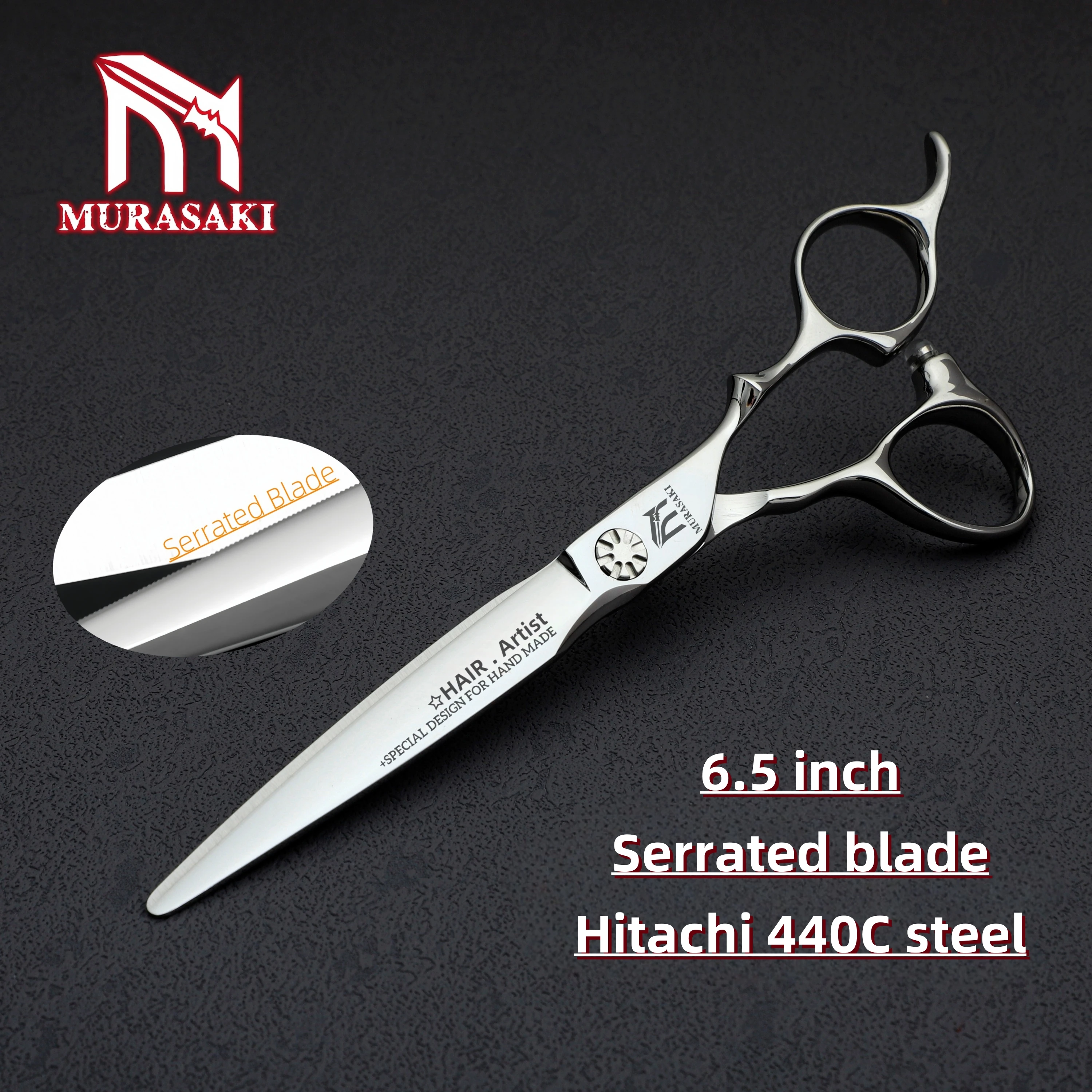 Tijeras de Barbero Profesionales MURASAKI, Tijeras con Hoja Dentada de 6.5-6.8 Pulgadas, Acero Japonés 440C de Alta Calidad para Cortar el Cabello