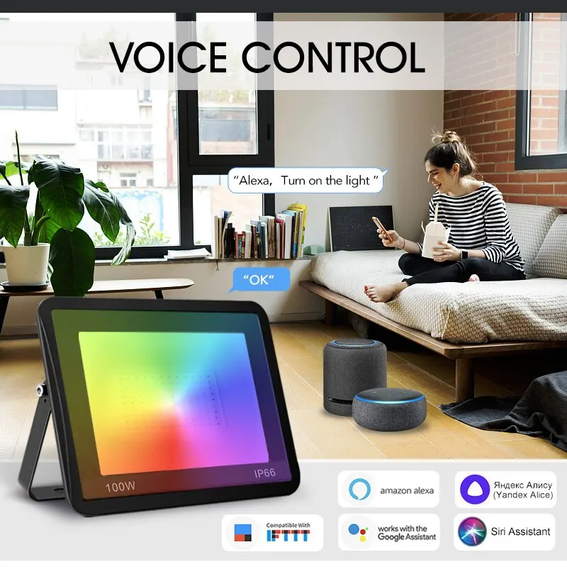 Reflector inteligente con Control por voz para iluminación exterior, reflector RGB con aplicación TUYA, RGBCW, CCT, 3000-6500K, 30W, 50W, 100W, 220V AC, para fiestas en el jardín