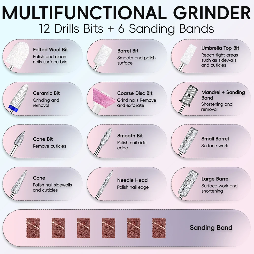 Lima de taladro de uñas eléctrica profesional, 3 modos, pantalla y 12 taladros, Kit de máquina pulidora de manicura y pedicura portátil