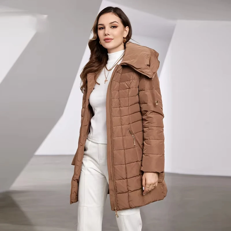 Astrid 2023 Nueva Chaqueta de Invierno para Mujer con Capucha y Cinturón, Parka Larga Acolchada Cálida, Abrigo Acolchado a Cuadros, Chaqueta de Plumón Gruesa para Nieve