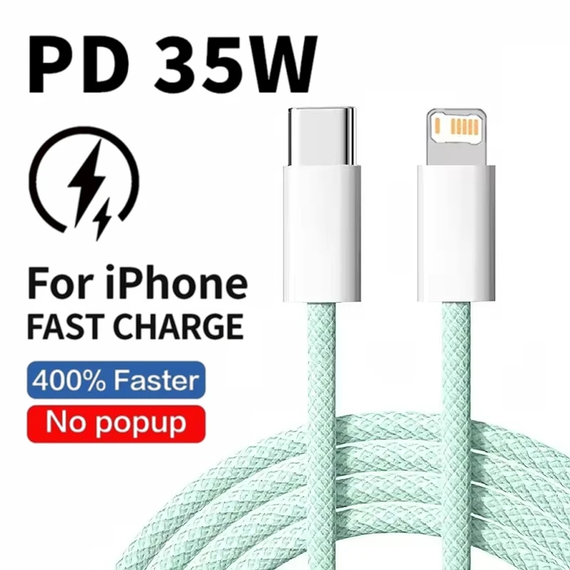 Cable PD de carga rápida trenzado de 35W para iPhone 13 14 Pro Max 11 12 mini X XR XS Max 7 8 Plus Cables de datos USB-C de carga rápida 1m 2m