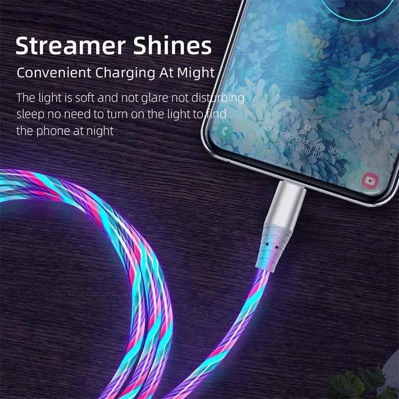 Cable brillante 3A, luz LED que fluye, Cables Micro USB tipo C para Samsung iPhone 13, Xiaomi, Huawei, Cable de carga para teléfono móvil