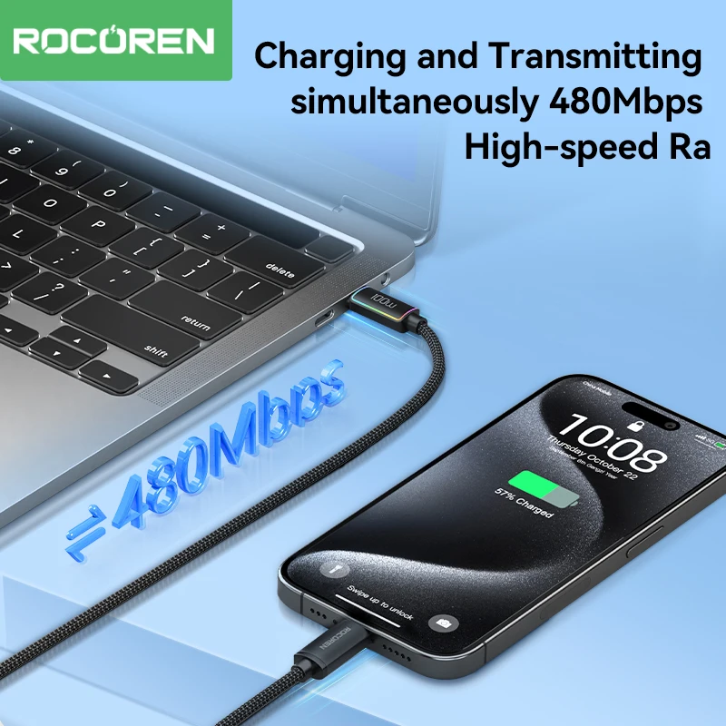 Rocoren 240W 5A Cable de carga rápida de alta potencia tipo C 100W PD 3,1 USB C Cable de fecha de carga rápida para iPhone Samsung portátil iPad