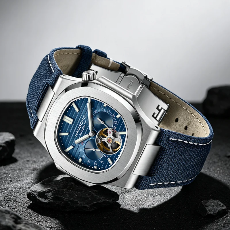 Reloj Mecánico HANBORO para Hombre, Diseño de Corona Creativa, Cuadrado, Color Oro Rosa, Correa de Lona, Movimiento Japonés Personalizado