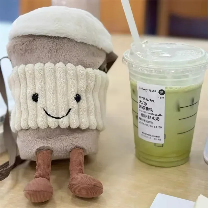 Réplica de bolsa de té de la leche y café de dibujos animados, colgante interesante, llavero de juguete de peluche, muñecas, tazas de acompañamiento, bolsas cruzadas de felpa
