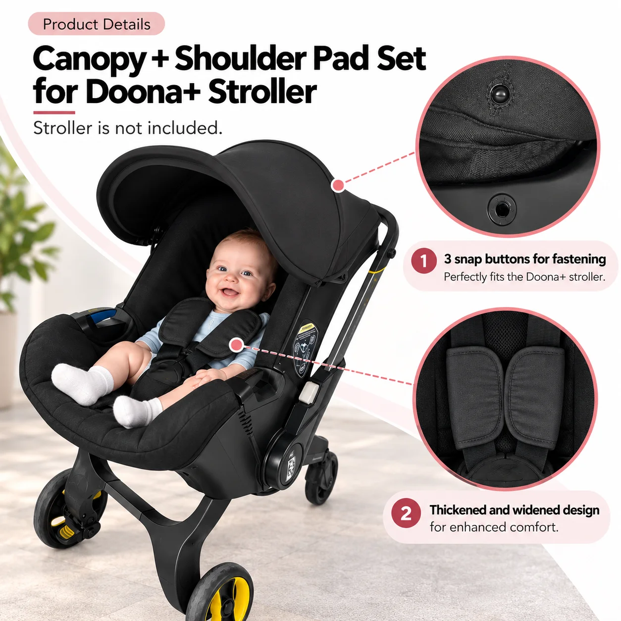 Juego de 3 piezas de repuesto: toldo y protectores para los hombros, compatibles con los asientos de coche y los cochecitos Doona+; diseño de tejido suave y acolchado.