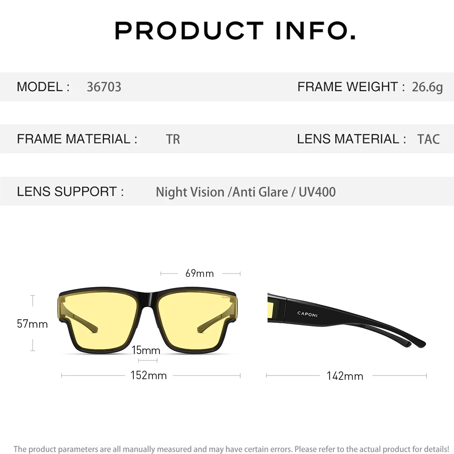 Gafas de Sol CAPONI con Visión Nocturna para Hombre, Antideslumbrantes, Fotocromáticas, para Uso Diurno y Nocturno, para Conducir al Aire Libre, con Cubierta de Marco, Modelo BSYS36703