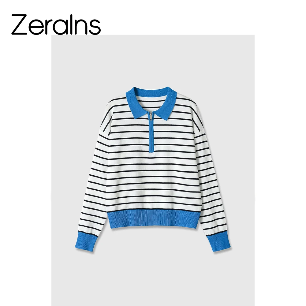 ZERAINS-suéter de punto de manga larga con cuello tipo POLO y media cremallera a rayas, estilo minimalista retro francés, top para mujer