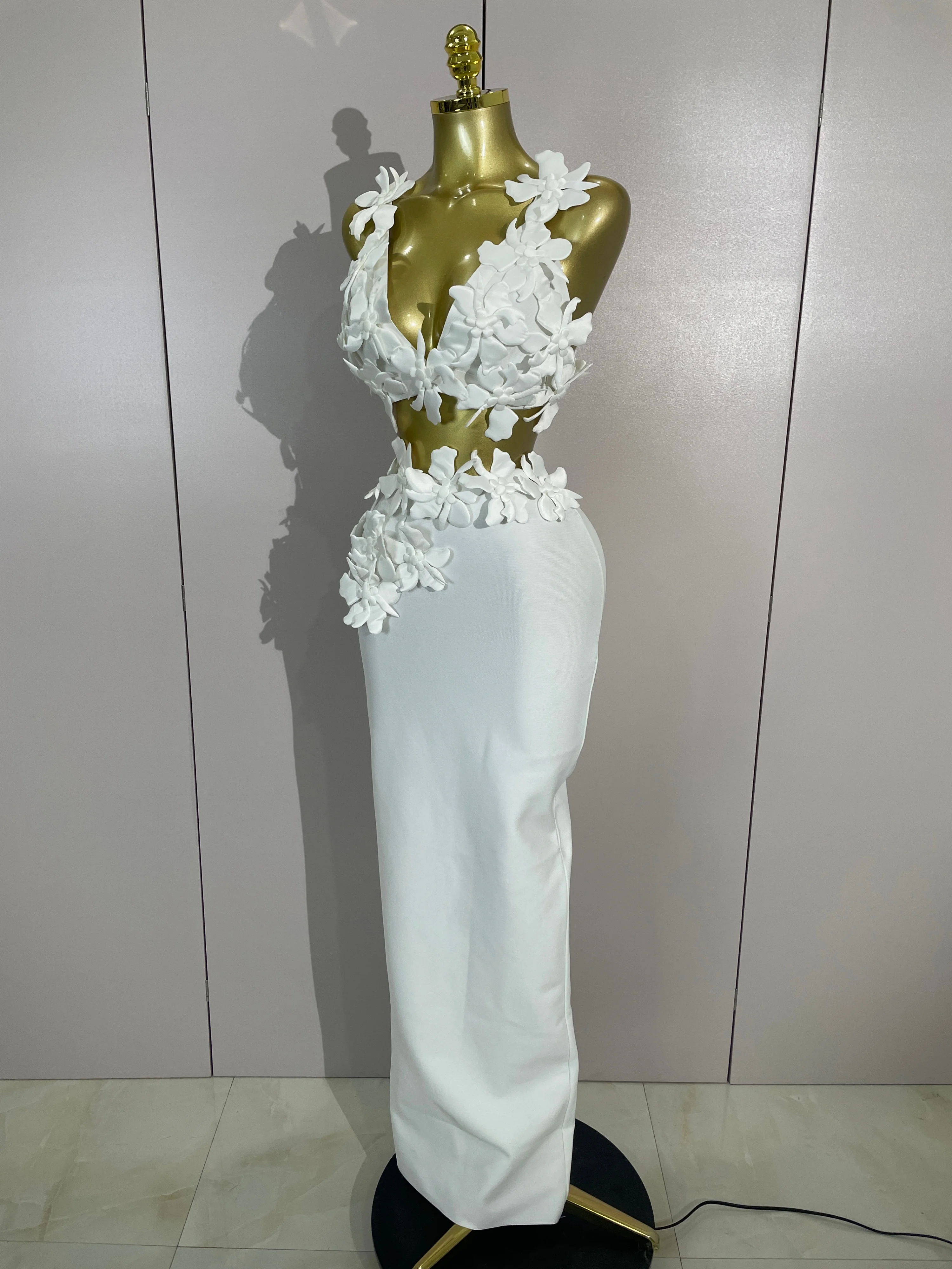 Vestido Largo Ajustado con Cuello en V y Flores Blancas para Mujer, Conjunto de Dos Piezas, Vestido de Fiesta, Graduación, Club Nocturno, Celebración de Cumpleaños