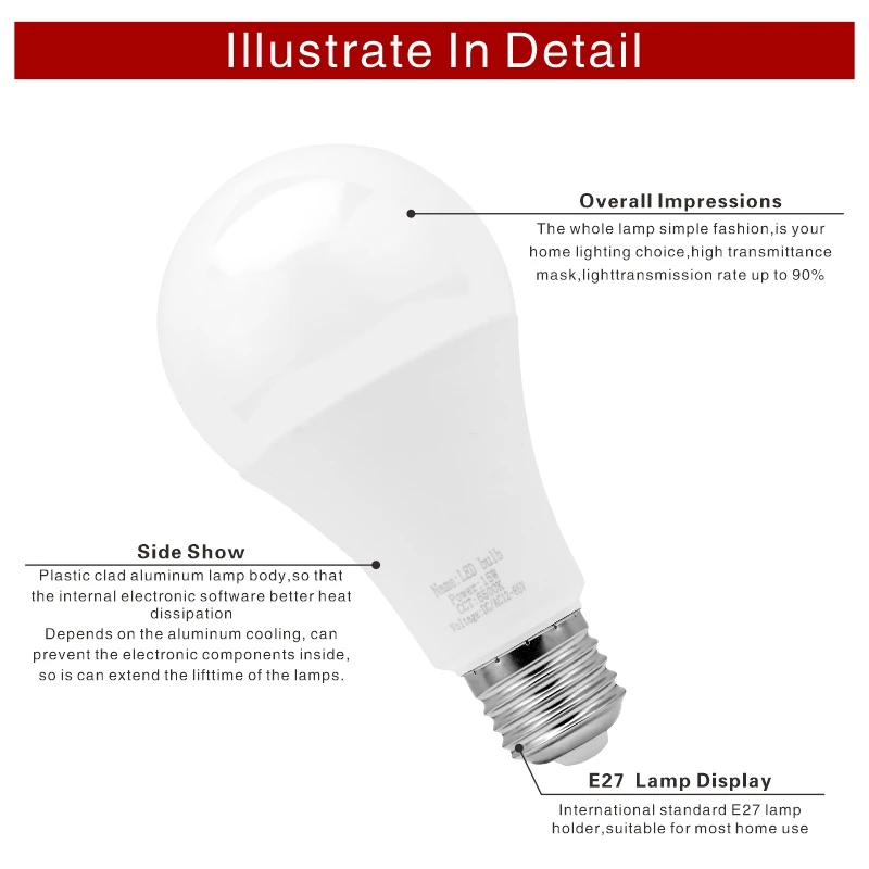 Bombilla LED E27 DC/AC 12V-85V 3W 6W 9W 12W 15W 18W 25W luz de bajo voltaje 12 voltios iluminación de foco lámpara blanca fría/cálida