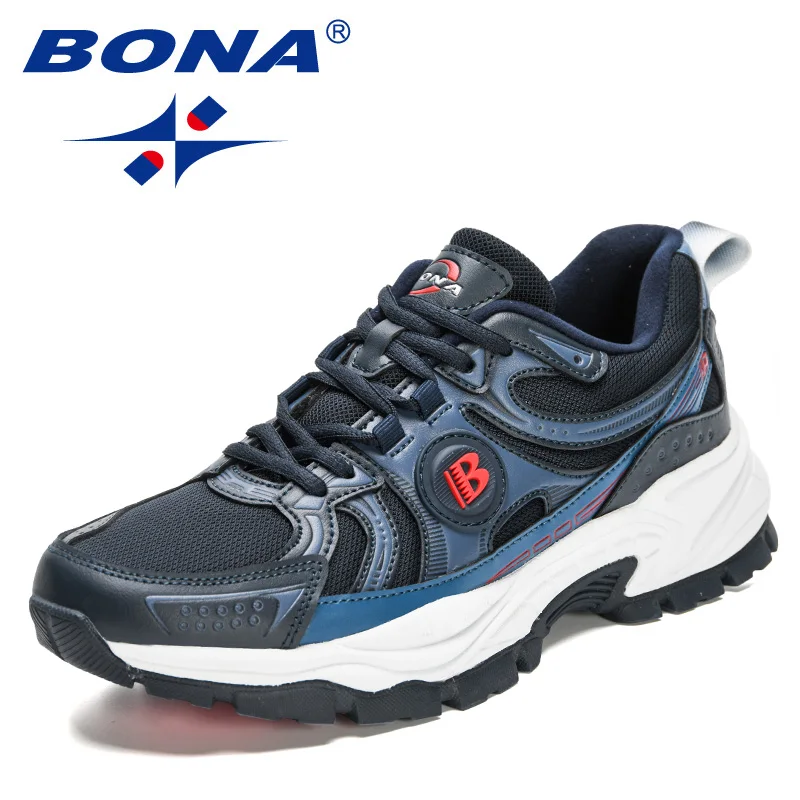 BONA, nuevos diseñadores, zapatos para correr de malla de cuero de acción, zapatos transpirables para correr para hombre, zapatillas deportivas para caminar, zapatillas deportivas