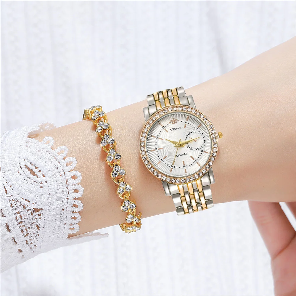 Elegante Reloj de Mujer Dos Tonos con Cristal Correa de Acero Cuarzo