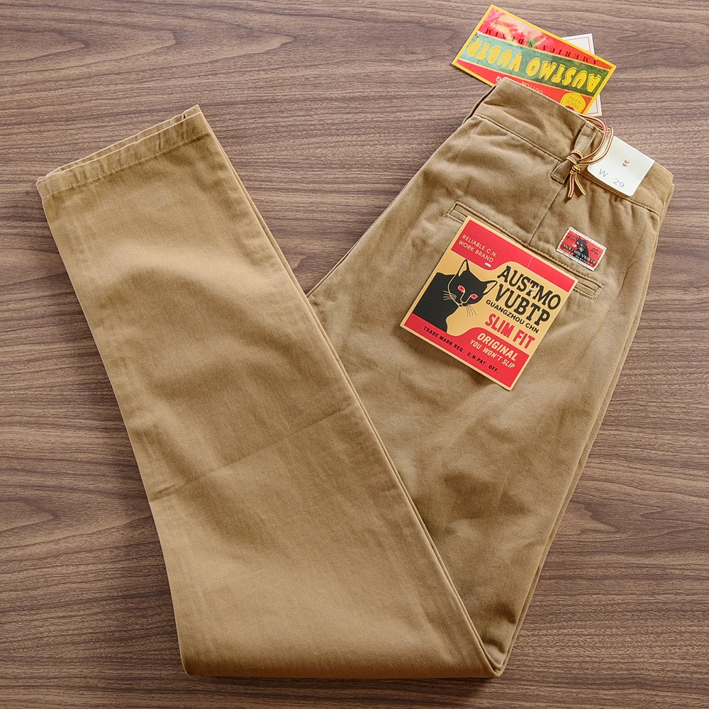 2025 primavera otoño nuevos pantalones de conducción tejidos de sarga Retro americano pantalones casuales rectos Chino lavados de algodón 100% simples para hombres