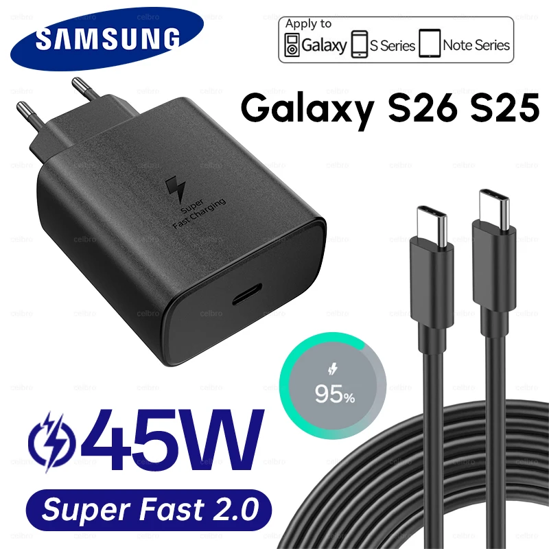 Cargador SAMSUNG PD 45W de Carga Súper Rápida, Cargador de Pared Original de 25W, Cable Tipo C de 5A, Galaxy S26 S25 S24 S23 Ultra A54 A53 Note20