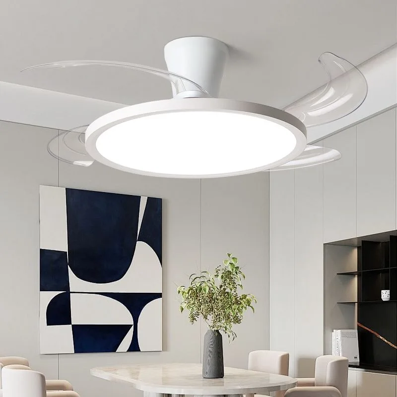 Ventilador de techo moderno invisible con luz LED, motor DC, gran volumen de aire, control remoto para dormitorio y comedor